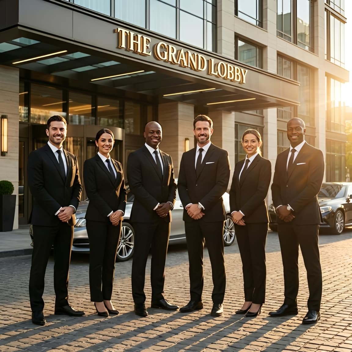 Luxury hotel lobby with professional concierge service